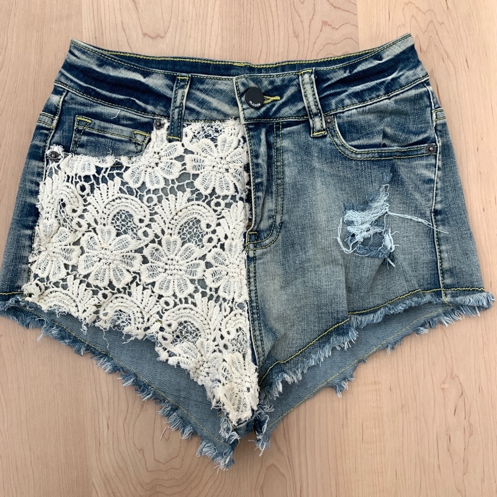 mindcode lace and denim high rise cut off jean shorts